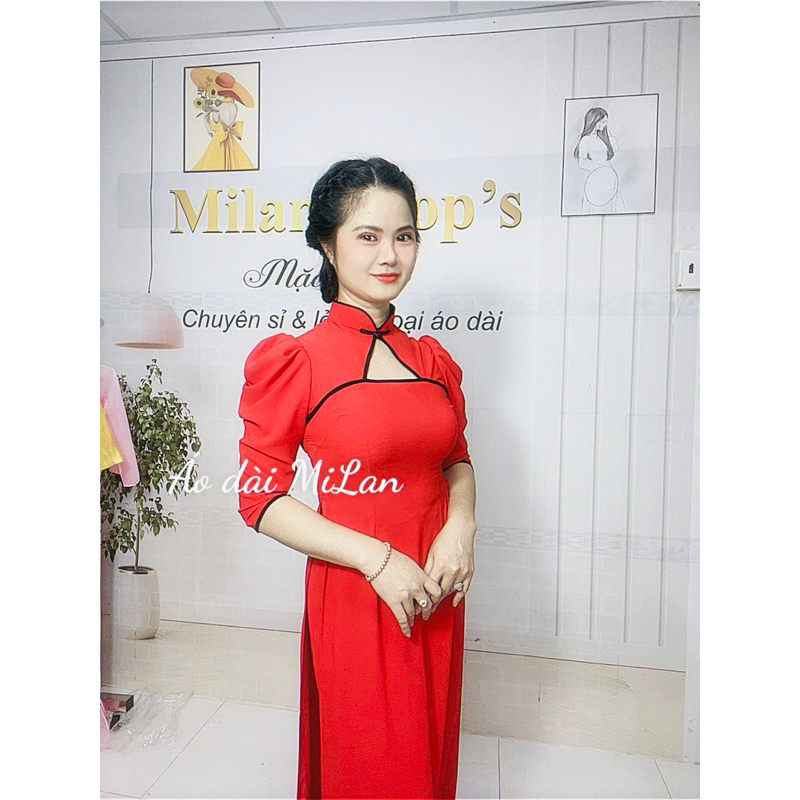 Bộ áo dài Lễ Tân cổ tam giác tay lỡ phồng kèm quần .
