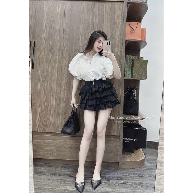 Set áo sơ mi tay bồng phối chân váy xoè bèo tầng