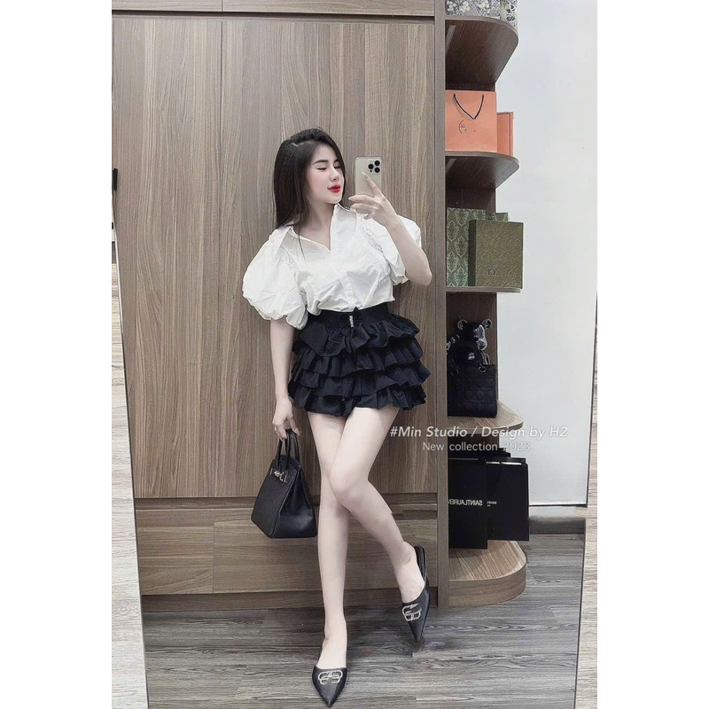 Set áo sơ mi tay bồng phối chân váy xoè bèo tầng