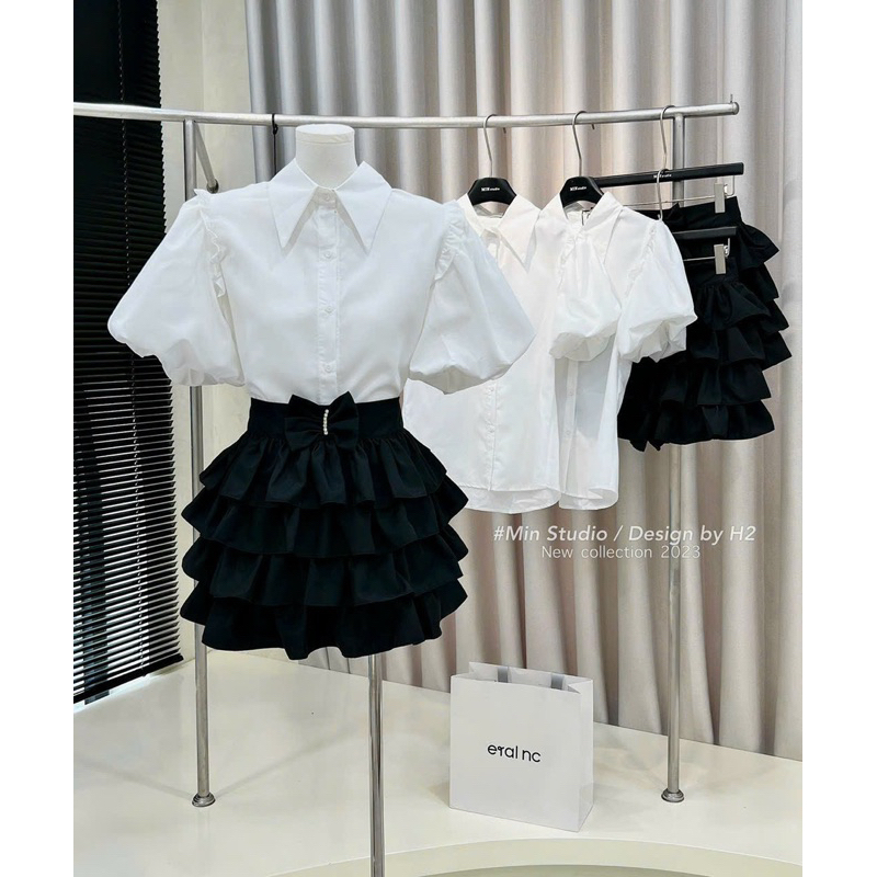 Set áo sơ mi tay bồng phối chân váy xoè bèo tầng
