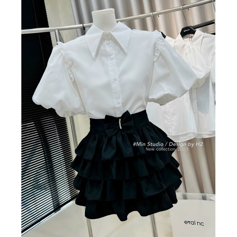 Set áo sơ mi tay bồng phối chân váy xoè bèo tầng