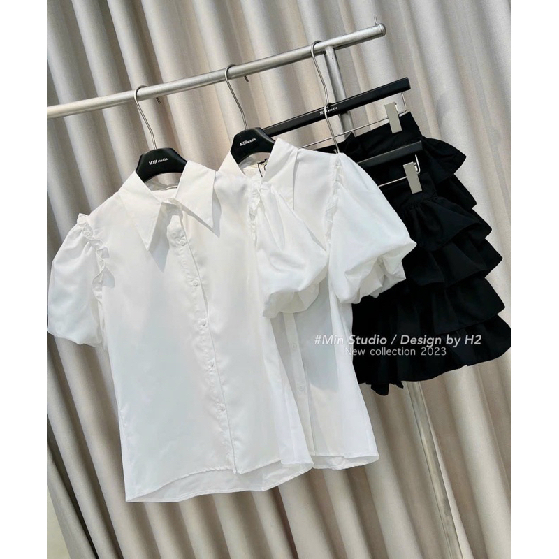 Set áo sơ mi tay bồng phối chân váy xoè bèo tầng