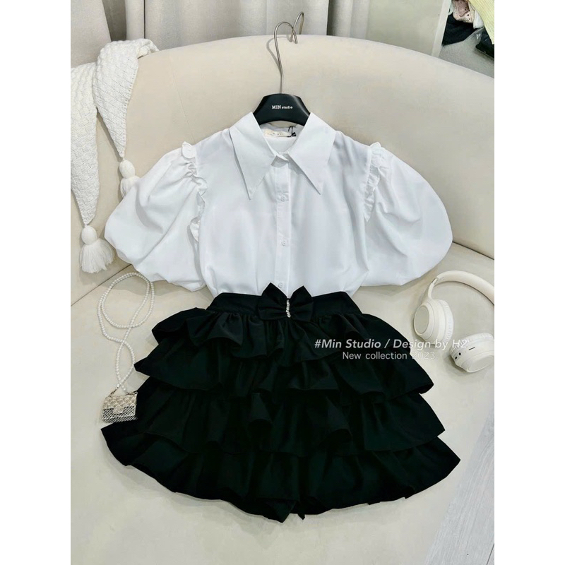 Set áo sơ mi tay bồng phối chân váy xoè bèo tầng
