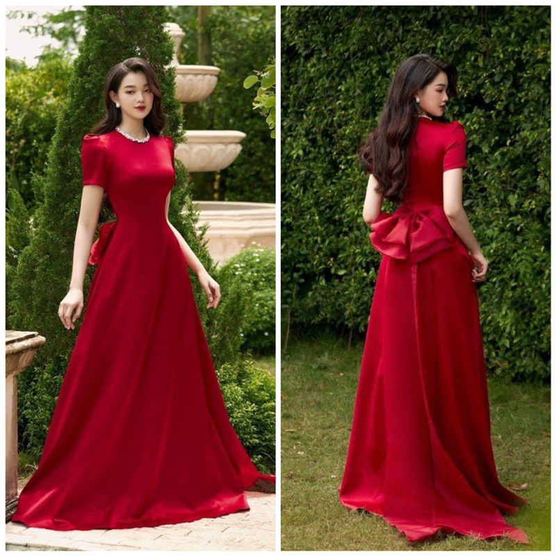 Váy cưới cô dâu đi bàn tiểu thư nơ lưng cổ kết đá nhẹ nhàng Michan