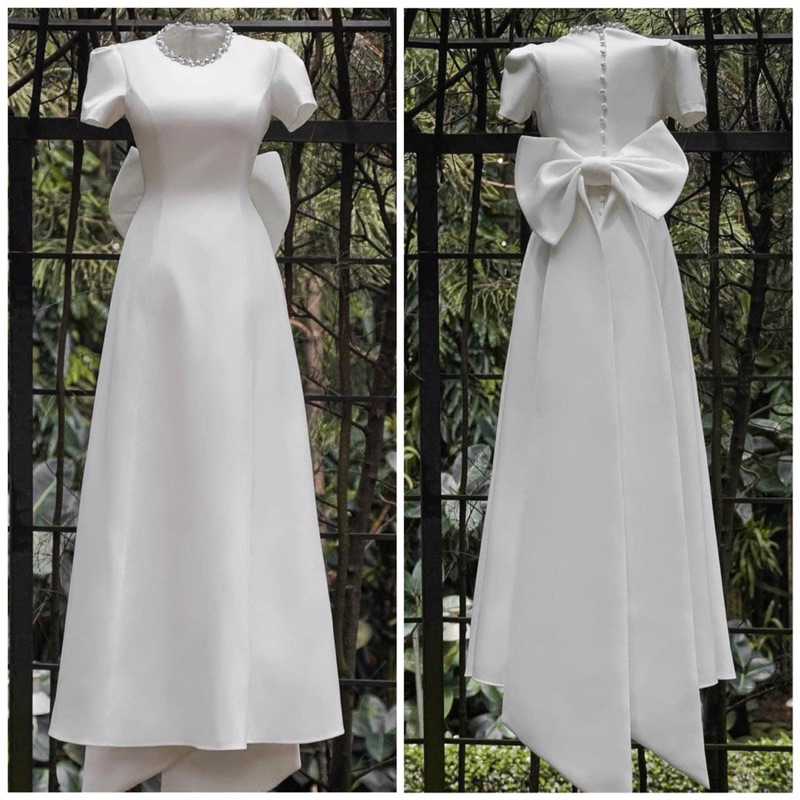 Váy cưới cô dâu đi bàn tiểu thư nơ lưng cổ kết đá nhẹ nhàng Michan