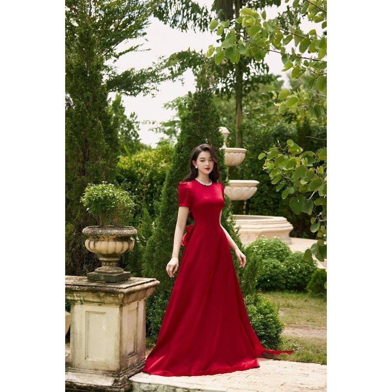 Váy cưới cô dâu đi bàn tiểu thư nơ lưng cổ kết đá nhẹ nhàng Michan