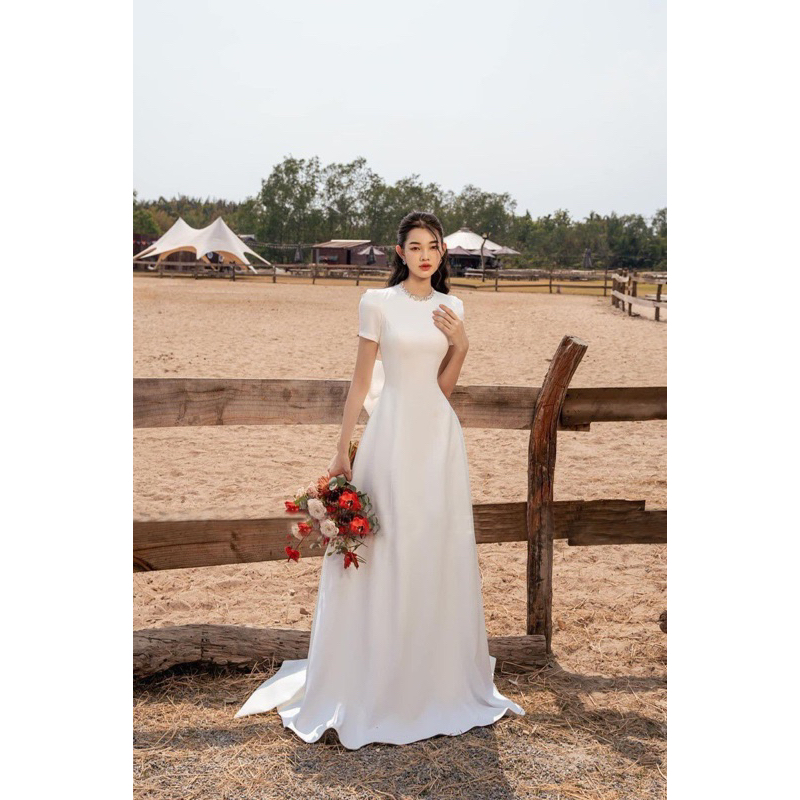 Váy cưới cô dâu đi bàn tiểu thư nơ lưng cổ kết đá nhẹ nhàng Michan