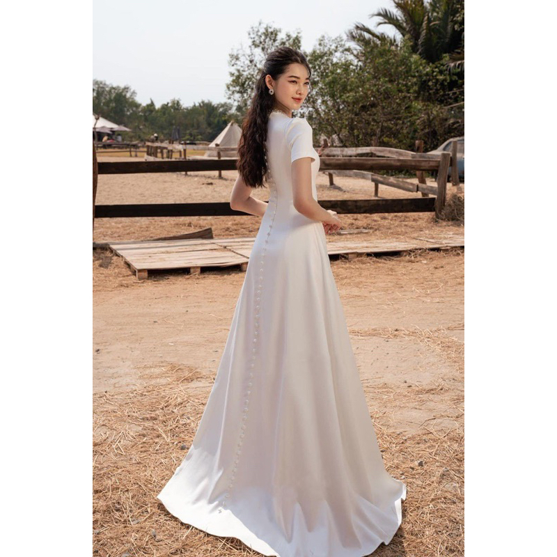 Váy cưới cô dâu đi bàn tiểu thư nơ lưng cổ kết đá nhẹ nhàng Michan