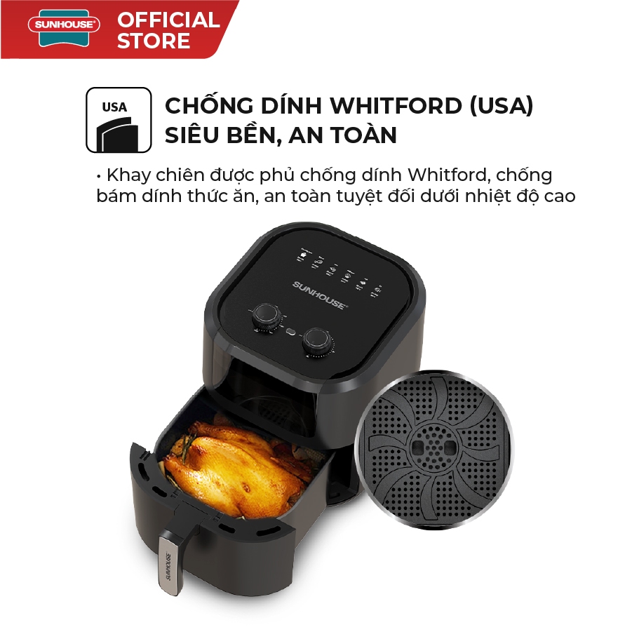 Nồi chiên không dầu 9L SUNHOUSE SHD4036 chống dính Whitford (USA) công nghệ mới