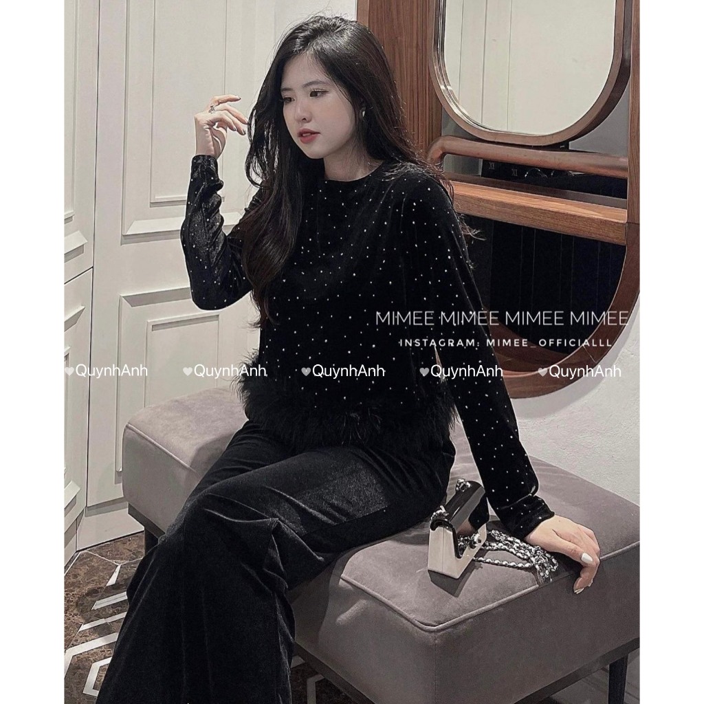 Bộ Nữ V1 Nhung Đính Kim Tuyến Lấp Lánh Dài Tay Quần Dài Thêu Lông Tơ Chân Áo Có Bigsize  -Chất nhung mềm Mát Ảnh Thật