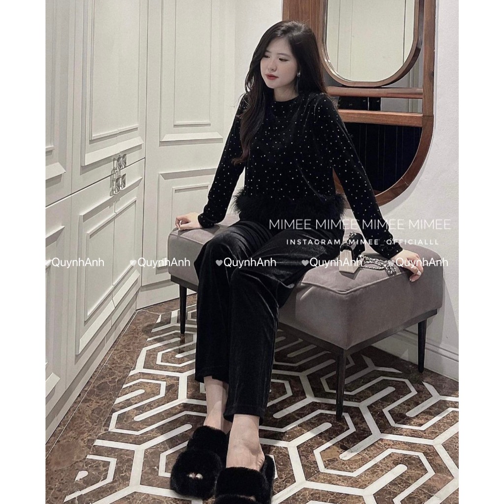 Bộ Nữ V1 Nhung Đính Kim Tuyến Lấp Lánh Dài Tay Quần Dài Thêu Lông Tơ Chân Áo Có Bigsize  -Chất nhung mềm Mát Ảnh Thật