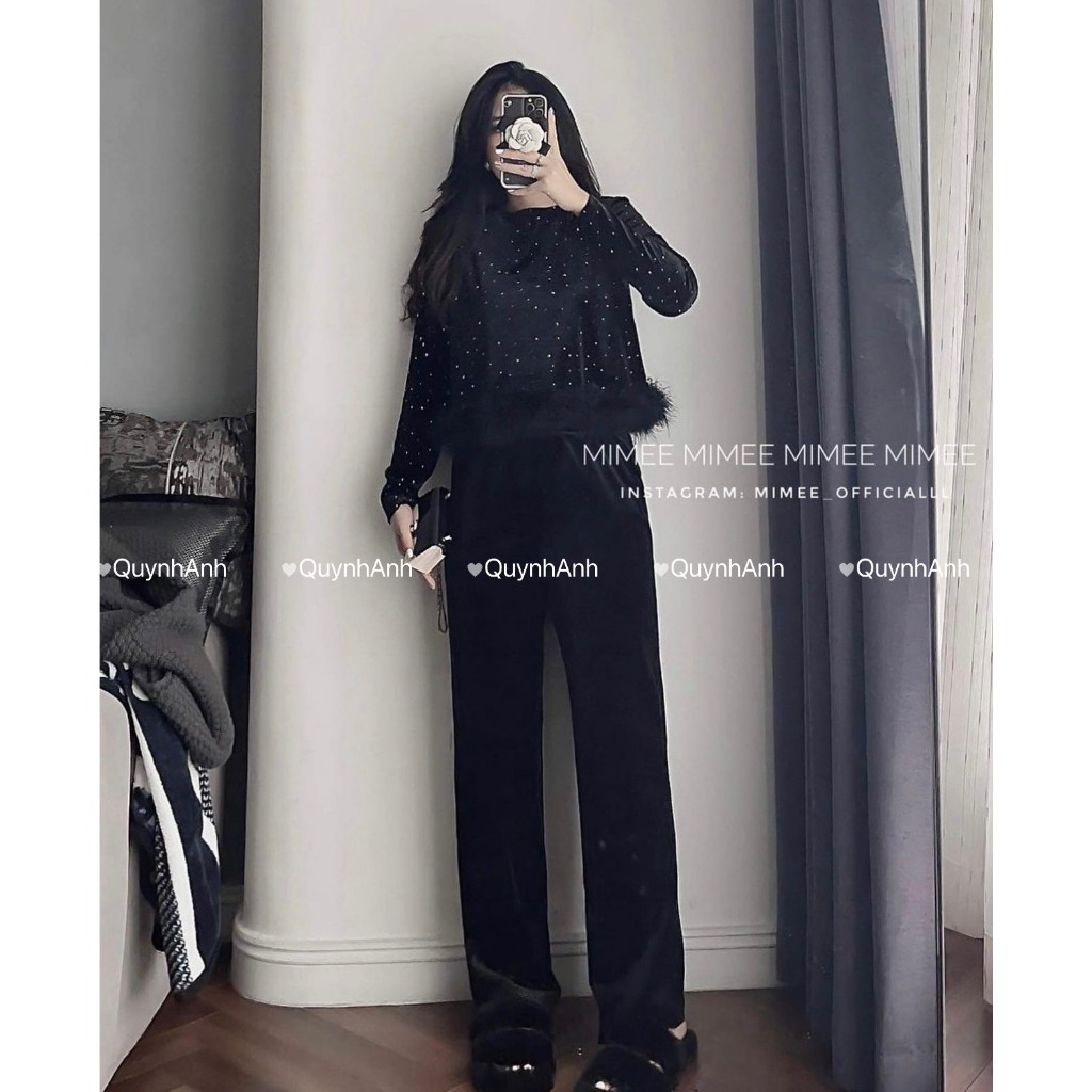 Bộ Nữ V1 Nhung Đính Kim Tuyến Lấp Lánh Dài Tay Quần Dài Thêu Lông Tơ Chân Áo Có Bigsize  -Chất nhung mềm Mát Ảnh Thật