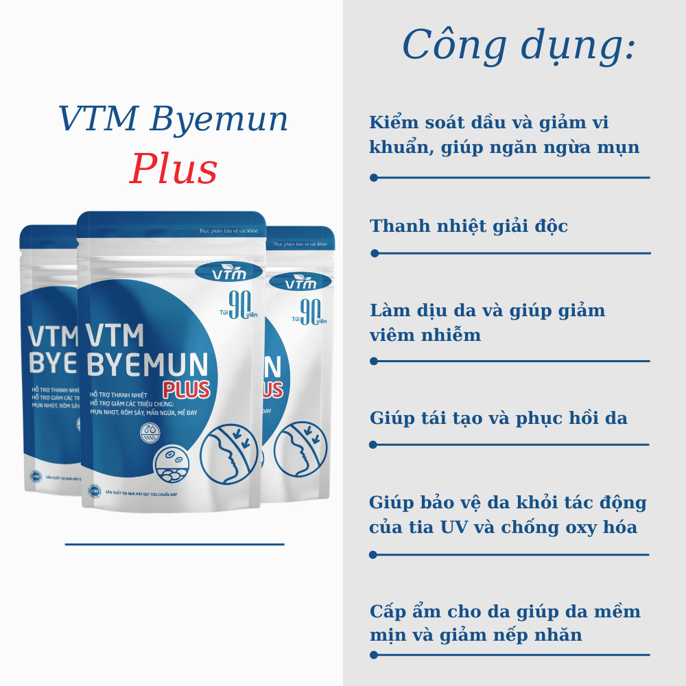 Viên uống VTM Byemun Plus hỗ trợ thanh nhiệt, giảm các triệu chứng mụn, mụn viêm, mụn ẩn, mẩn ngứa, mề day gói 90 viên