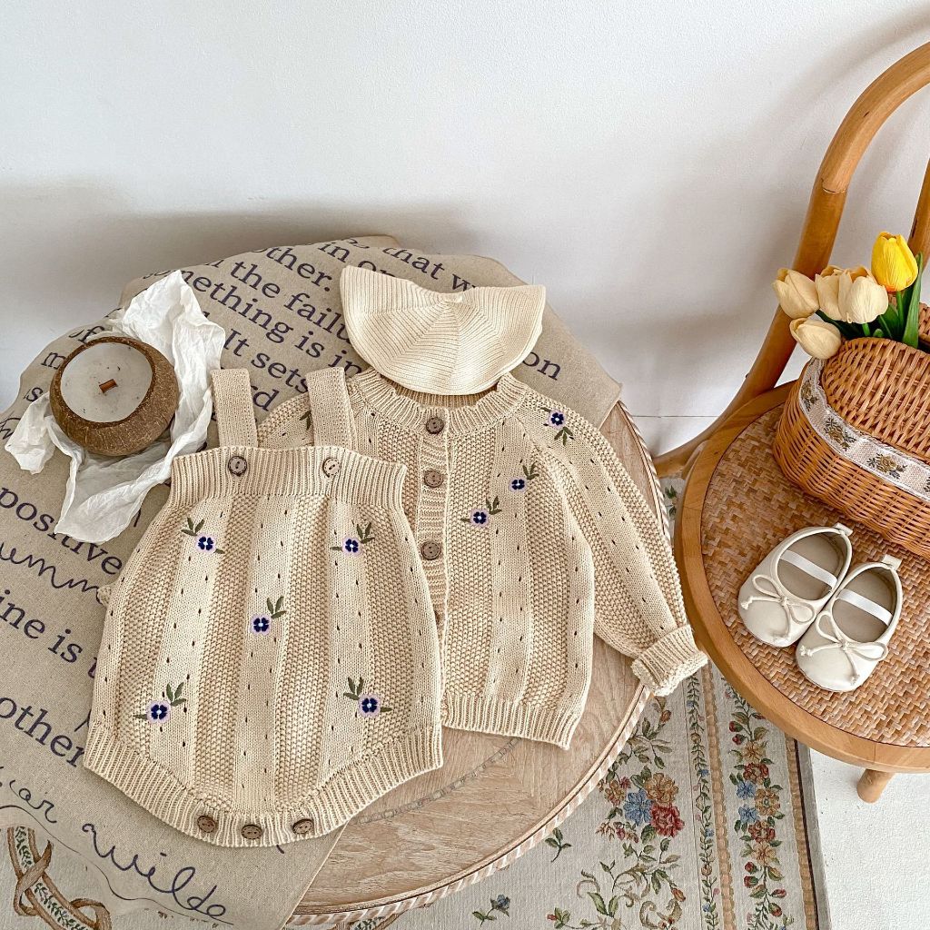 Set Len Nâu nhạt thêu hoa cho bé gái
