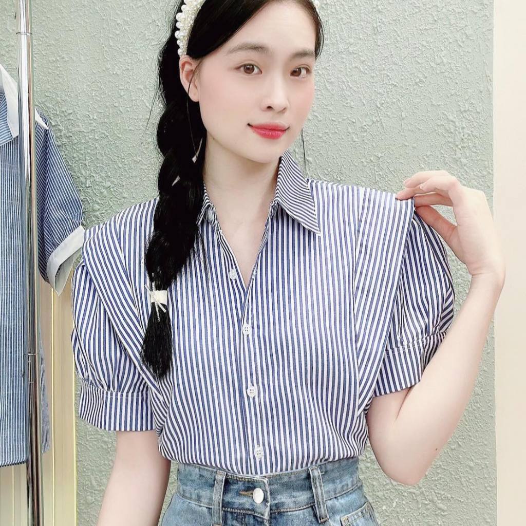 Áo sơ mi nữ hàn quốc vải sọc cotton kiểu vat vai trẻ trung LAMO-B1157