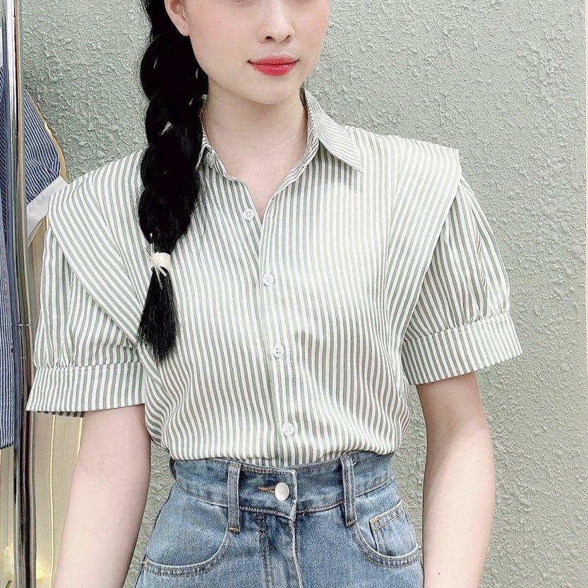 Áo sơ mi nữ hàn quốc vải sọc cotton kiểu vat vai trẻ trung LAMO-B1157