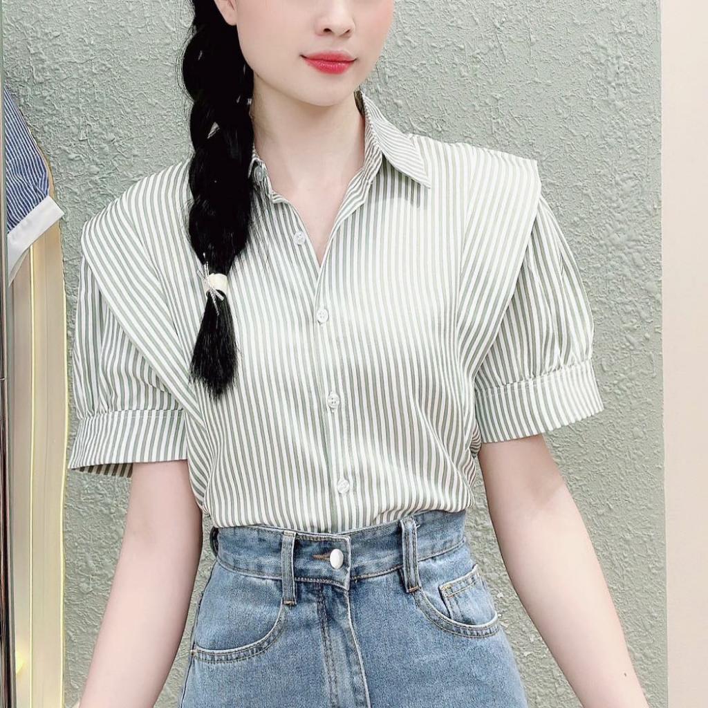 Áo sơ mi nữ hàn quốc vải sọc cotton kiểu vat vai trẻ trung LAMO-B1157