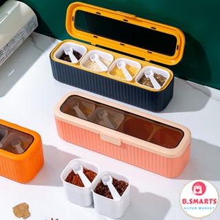 Bộ đựng gia vị nhà bếp 4 ngăn với nắp đậy thông minh kèm muỗng, Hũ đựng gia vị nhựa nhỏ gọn tiện lợi bảo quản gia vị