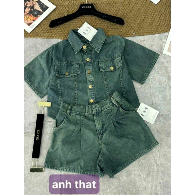 Set Jean , Set Bò Croptop Cộc Tay, Màu Xanh Rêu Cỏ Úa Tôn Da Chất Jean Qccc
