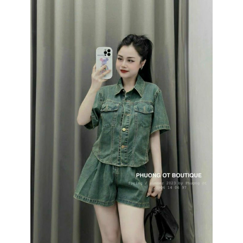 Set Jean , Set Bò Croptop Cộc Tay, Màu Xanh Rêu Cỏ Úa Tôn Da Chất Jean Qccc