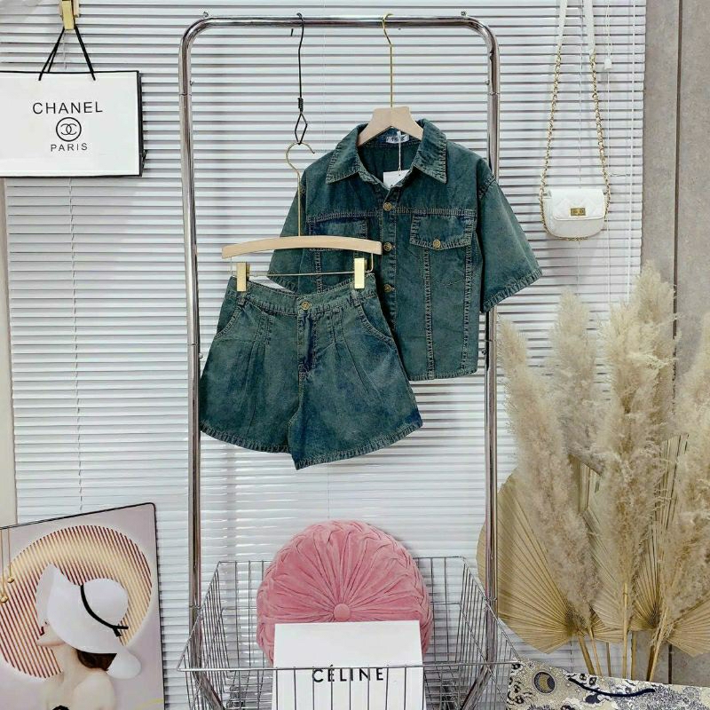 Set Jean , Set Bò Croptop Cộc Tay, Màu Xanh Rêu Cỏ Úa Tôn Da Chất Jean Qccc