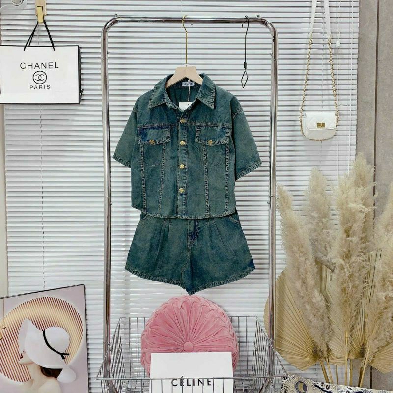 Set Jean , Set Bò Croptop Cộc Tay, Màu Xanh Rêu Cỏ Úa Tôn Da Chất Jean Qccc