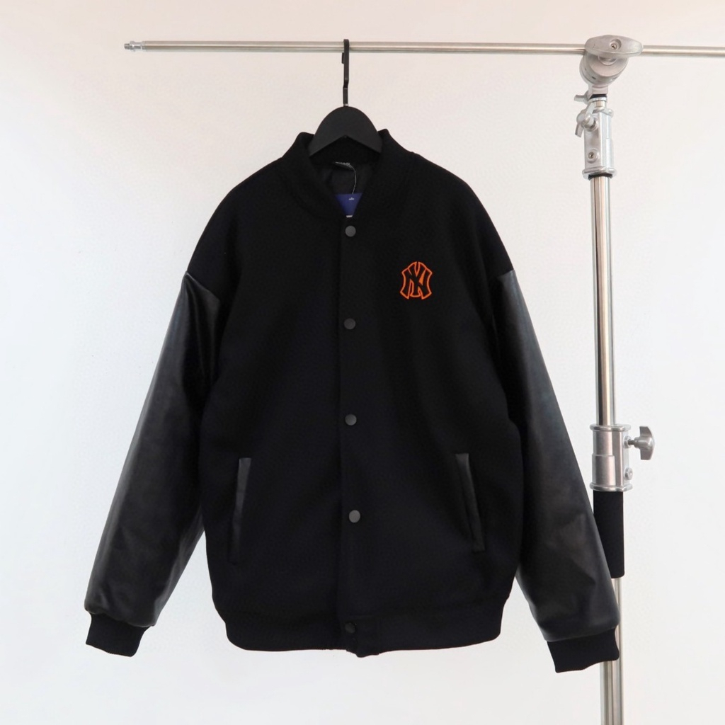Áo Khoác Bomber MLB NY Logo Thêu Cao Cấp - Áo Bomber Nam Nữ Chất Nỉ Phối Tay Da Chống Gió Chống Nước
