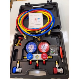 Bộ thiết bị đo nạp gas r134a r404a cho máy lạnh điều hòa ô tô, bao gồm: đồng hồ-bộ khớp nối nhanh-vòi nạp-hộp đựng