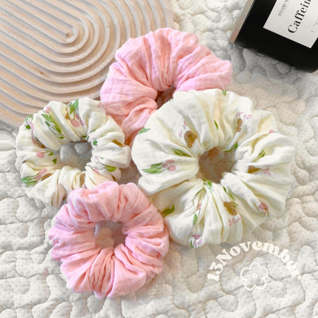 Scrunchies Set Cột Tóc Vải Hoạ Tiết Gấu Hoa Tulip Hồng Size Lớn Xinh Xắn Dễ Thương Phồng To Hot Trend Hàn Quốc