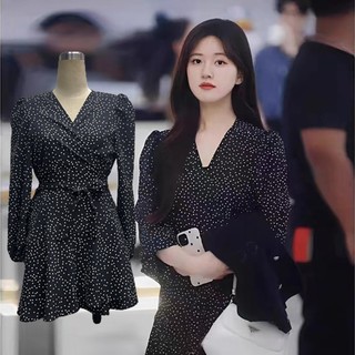Váy Hoa Nhí Chấm Bi Đen Trắng Body Dáng Ngắn Du Lịch Biển , Đầm Thiết Kế Vintage Dự tiệc tay dài Hiva Cloth