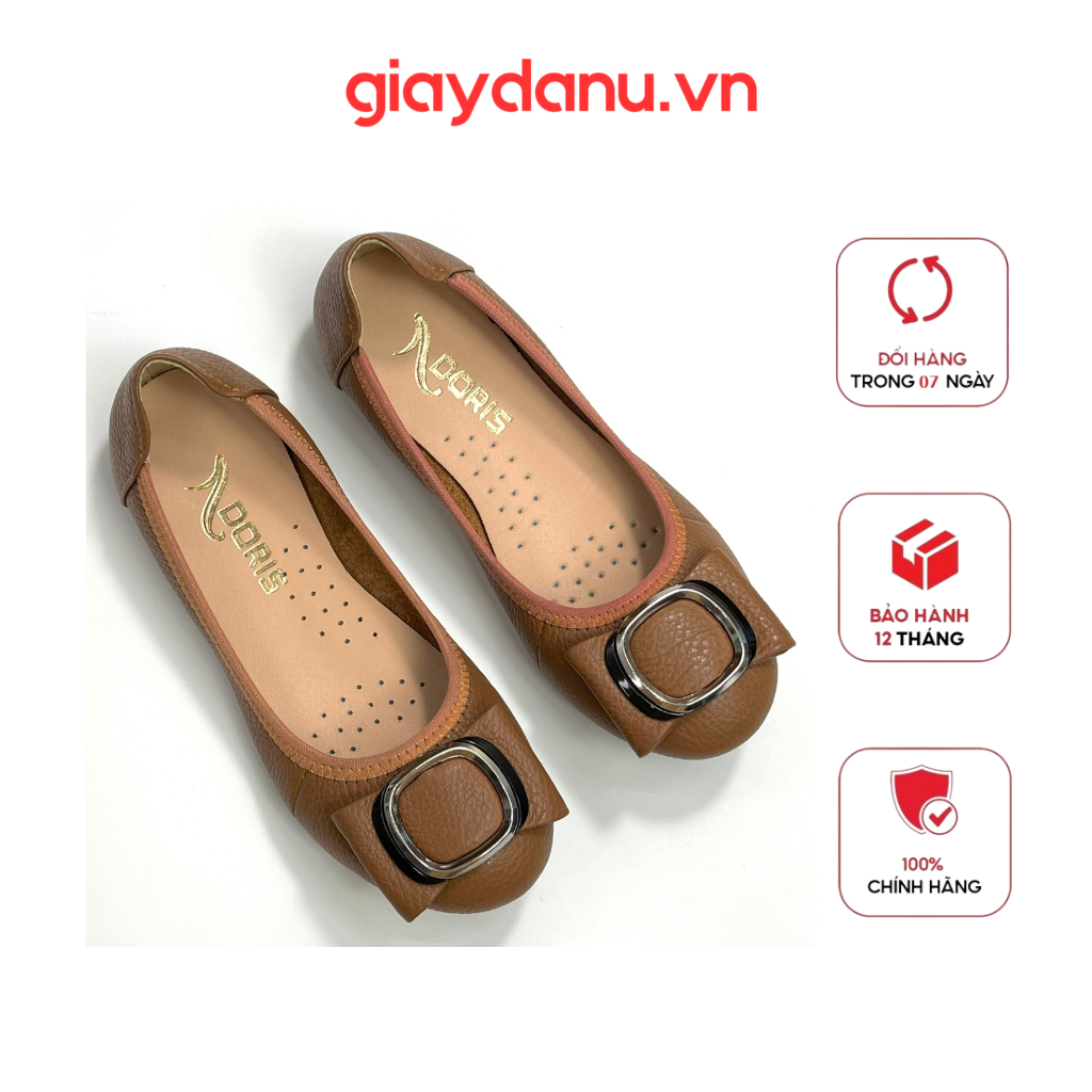 Giày búp bê da thật mũi tròn gắn nơ kim loại 006