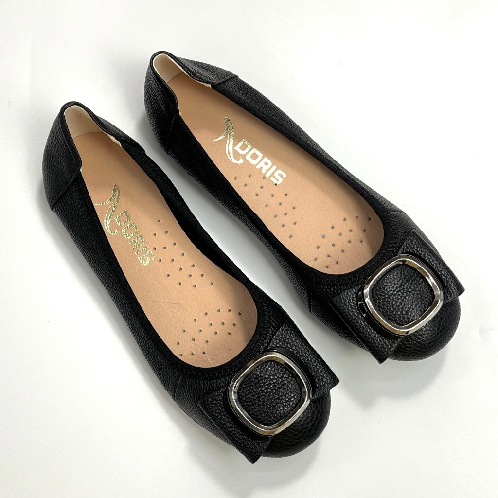 Giày búp bê da thật mũi tròn gắn nơ kim loại 006