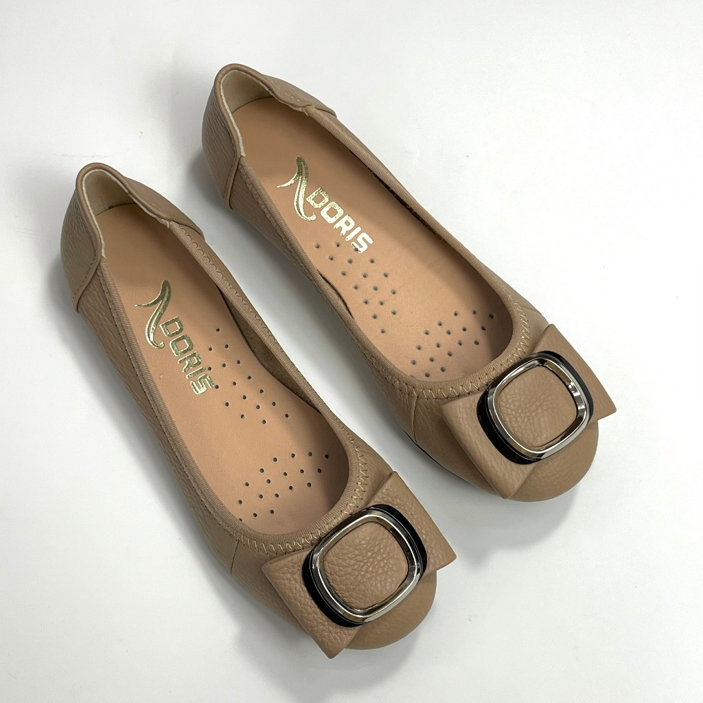 Giày búp bê da thật mũi tròn gắn nơ kim loại 006