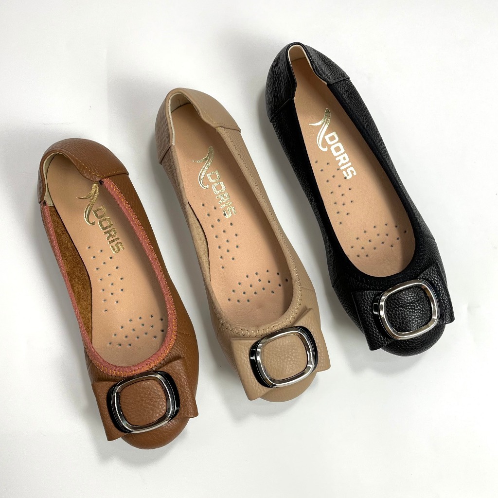 Giày búp bê da thật mũi tròn gắn nơ kim loại 006