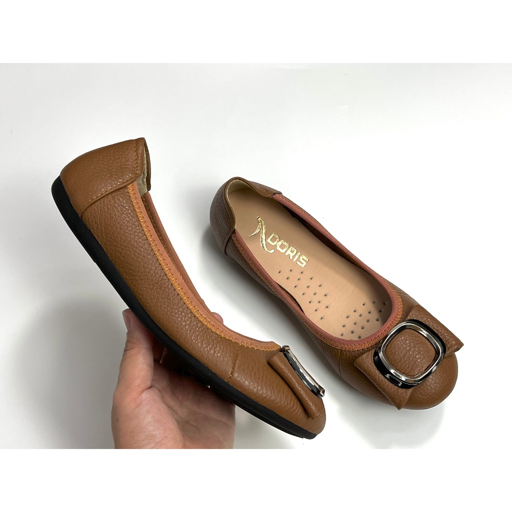 Giày búp bê da thật mũi tròn gắn nơ kim loại 006