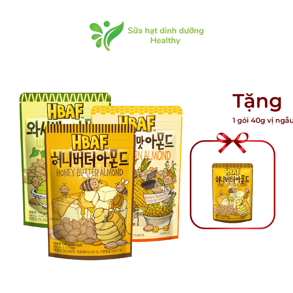 [MUA 3 GÓI 120G TẶNG 1 GÓI 40G] Hạt Hạt Hạnh Nhân Tẩm Vị HBAF Hàn Quốc Các Vị Bơ Mật Ong/ Wasabi/ Bắp Nướng (Gói 120g)