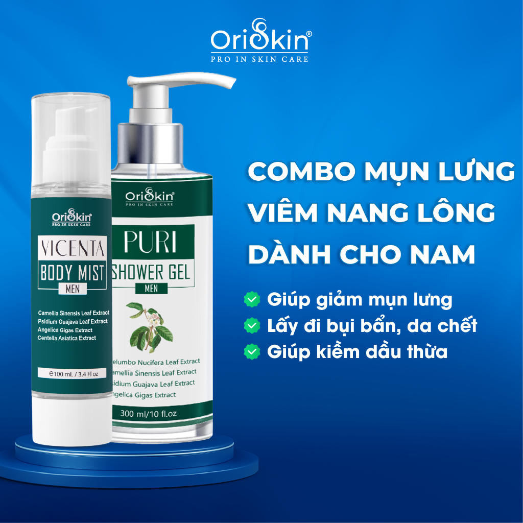 Combo Xịt Mụn Lưng , Giảm Viêm Nang Lông Dành Cho Nam Oriskin Vicenta Body Mist 100ml và Sữa Tắm Puri shower Gel 300ml
