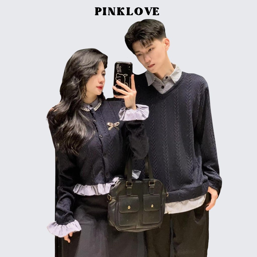 Áo len nam nữ croptop đồ đôi PINKLOVE thiết kế giả sơ mi màu xanh than vải len mịn đẹp thời trang cặ