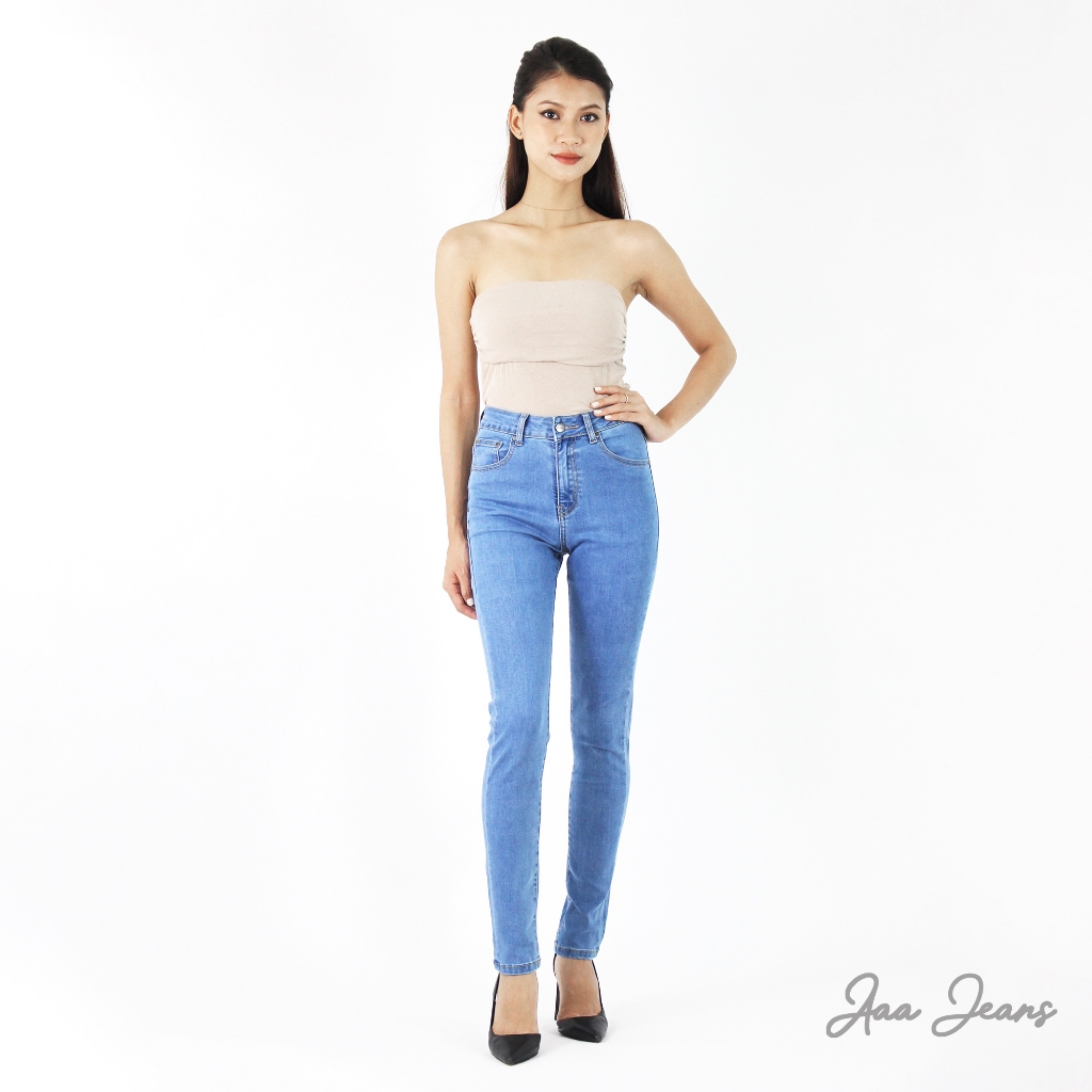 Quần Jean Nữ Dài Lưng Cao Dáng Skinny Xanh Biển Aaa Jeans