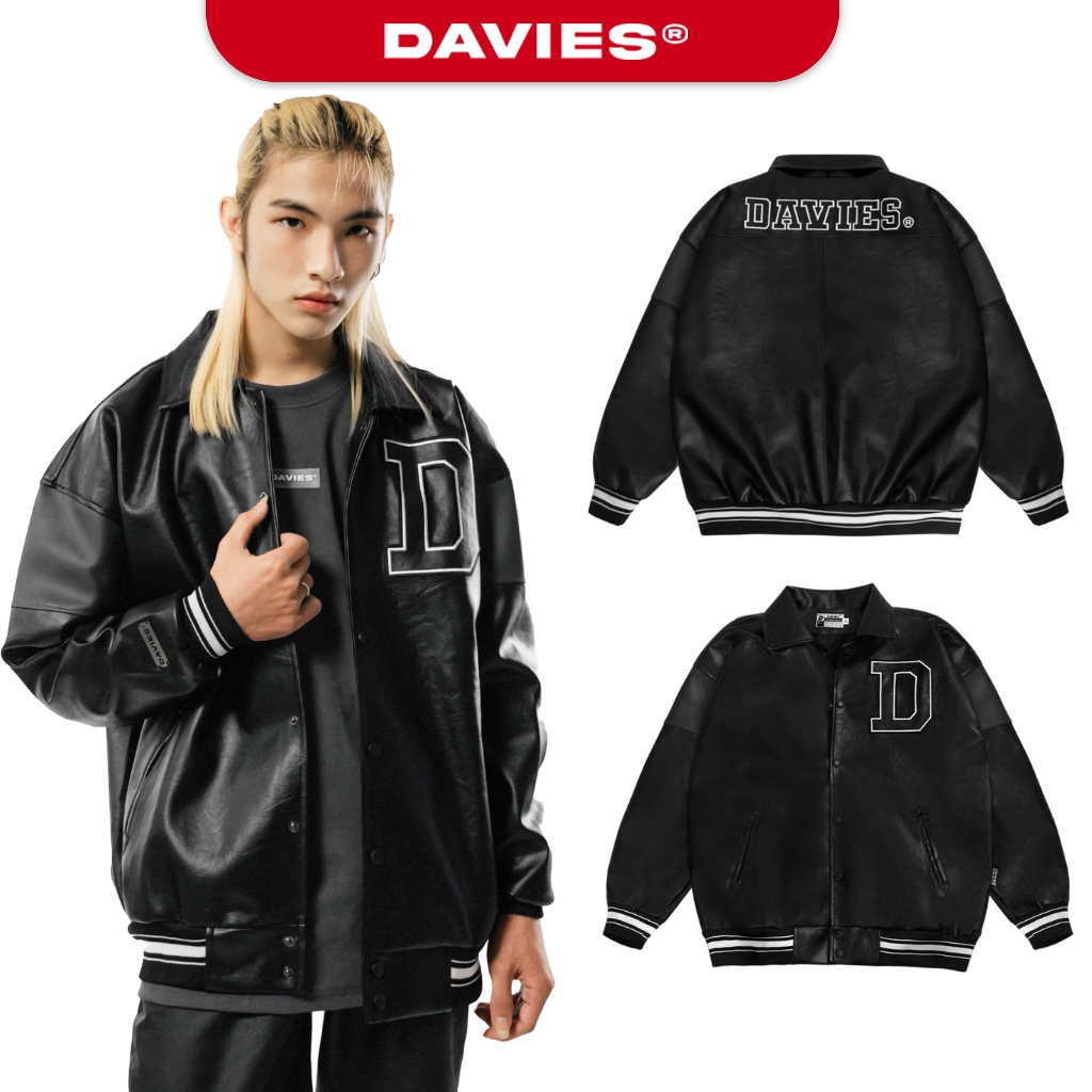 Áo khoác varsity jacket da nam nữ local brand thêu logo Davies màu đen BMG Leather | D22-AK4