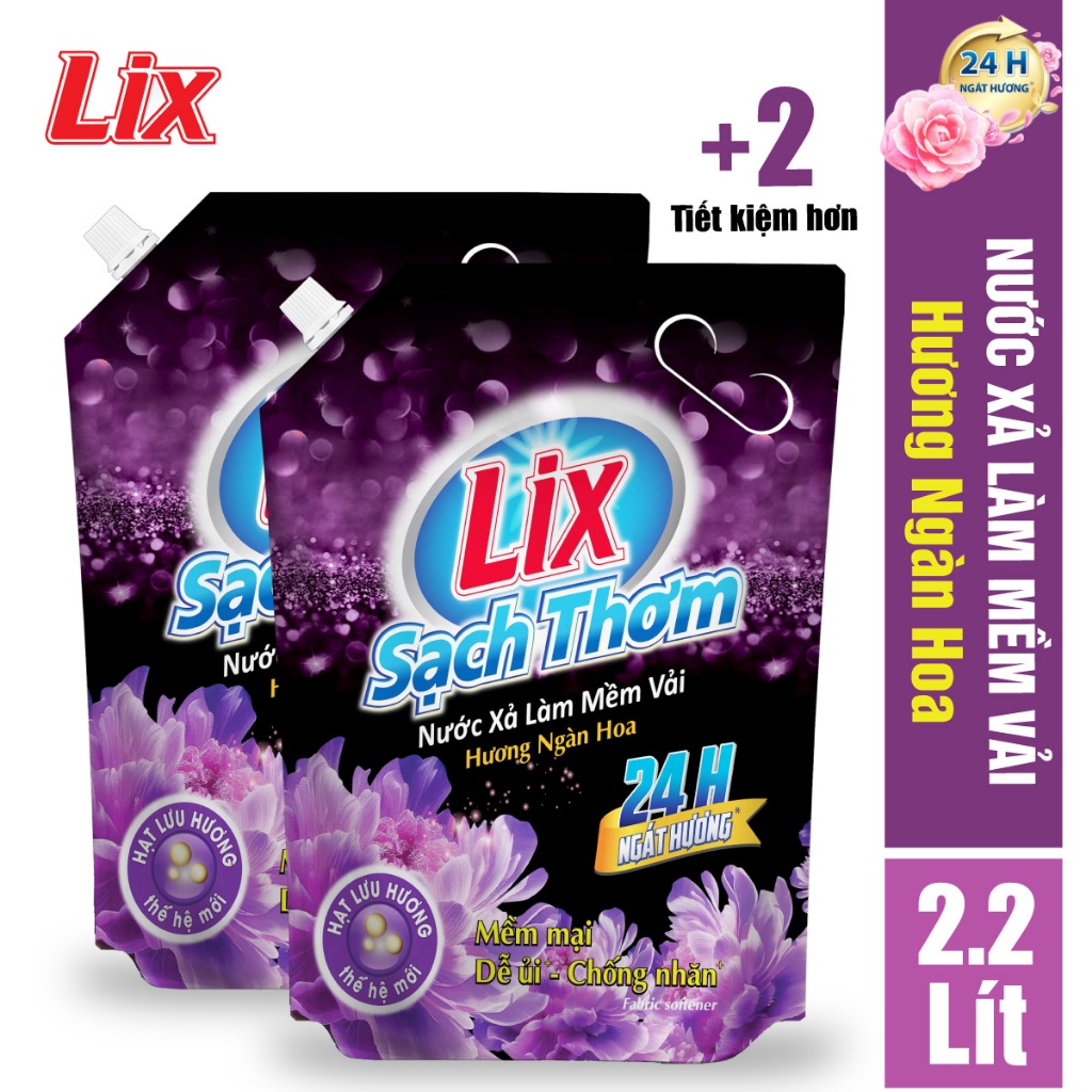 COMBO 2 túi nước xả vải LIX Sạch Thơm hương ngàn hoa (2 túi x 2.2 lít) L17702