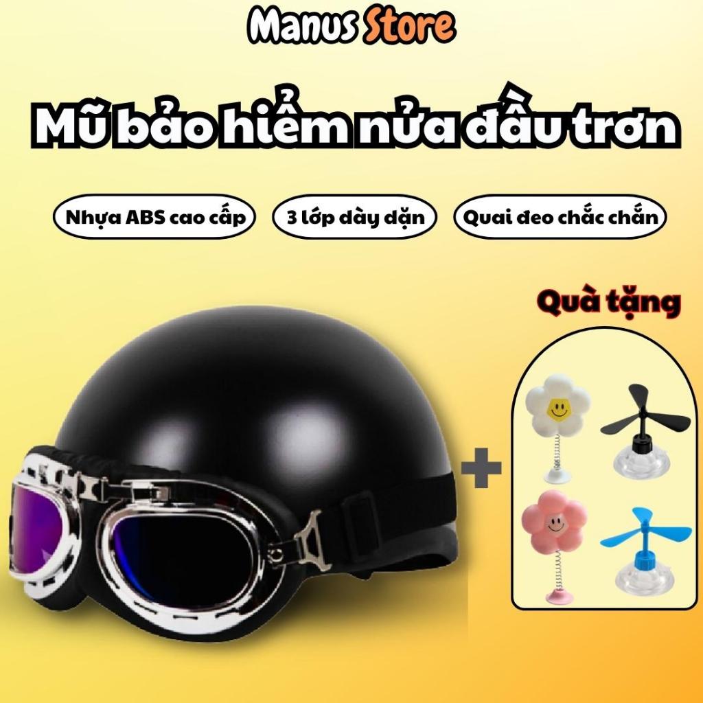 Mũ Bảo Hiểm Trơn Nửa Đầu 1/2 Kèm Kính Phi Công, Kính UV Chính Hãng, Nhiều Màu, Cho Nam Nữ Học Sinh
