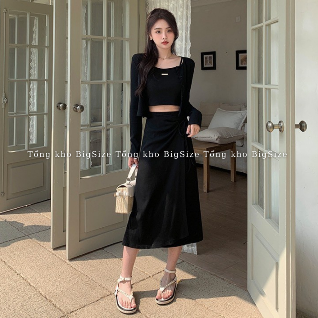 Chân váy nữ BIGSIZE chân váy midi thiết kế vạt hông buộc nơ 582