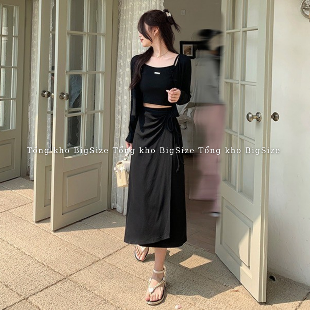 Chân váy nữ BIGSIZE chân váy midi thiết kế vạt hông buộc nơ 582