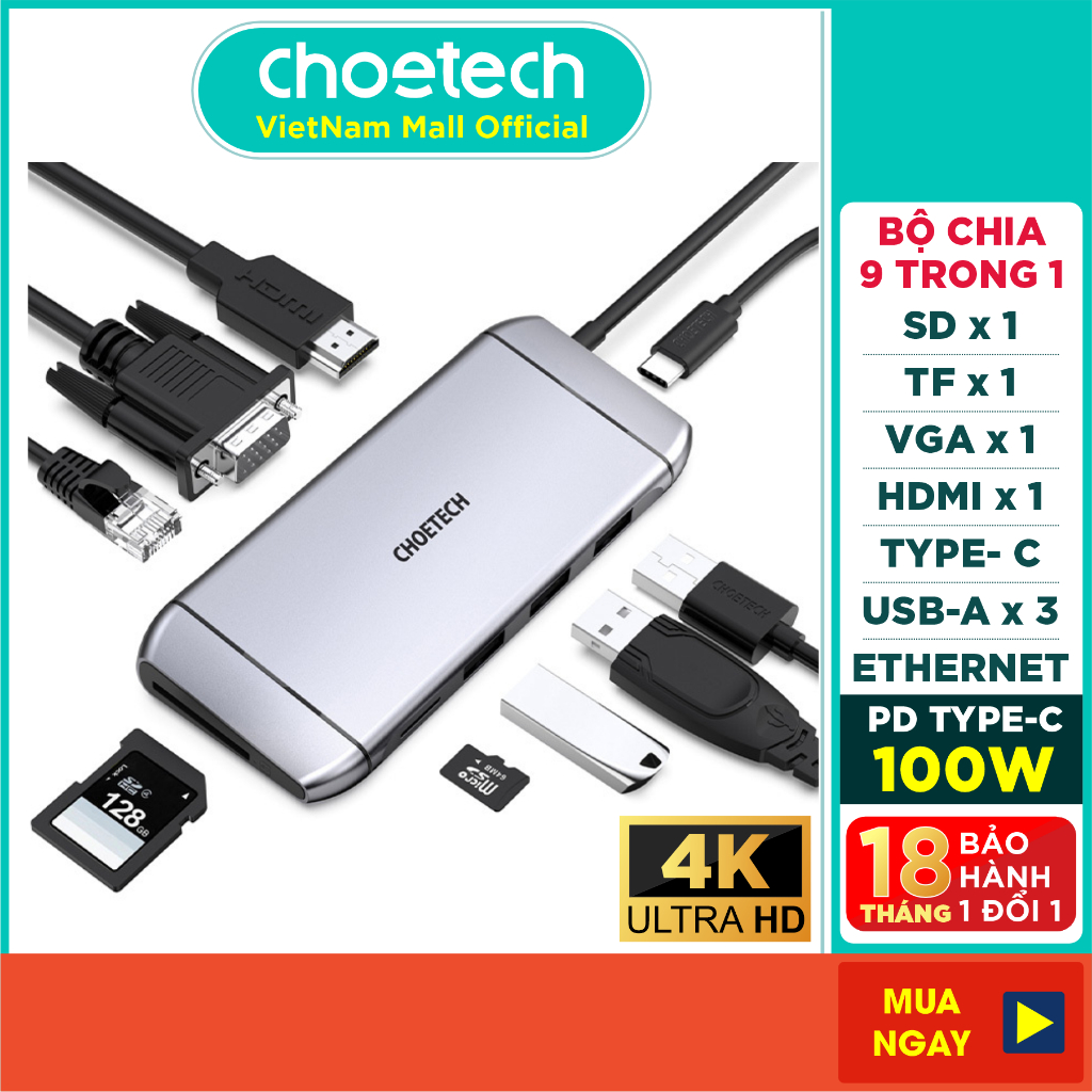 HUB Chuyển Đổi 9 in 1 Type C To HDMI 4K/ PD 100W/ USB 3.0/ Rj45 Ethernet/ VGA/ TF/ SD CHOETECH HUB-M15 - Hàng Chính Hãng