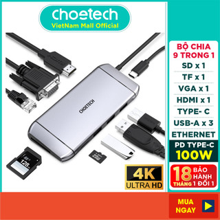 Hub chuyển đổi 9 in 1 type c to hdmi 4k/ pd 100w/ usb 3.0/ rj45 ethernet/ vga/ tf/ sd choetech hub-m15 - hàng chính hãng