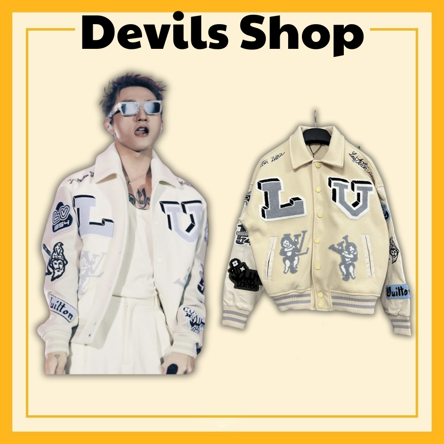 Áo varsity jacket LV Luôn Vui Tươi SẾP T màu Be bản cao cấp, Áo khoác bóng chày nam nữ LV thêu hình họa tiết form rộng