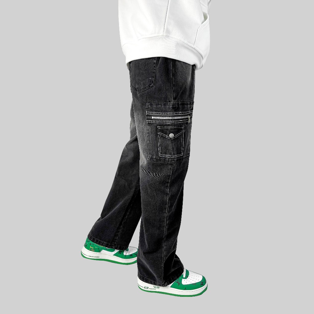 Quần jean unisex túi hộp 2 bên ống suông rộng CB02, Màu Silver Wash Denim khóa kéo - Cạp Bán Chun 2 bên Catima