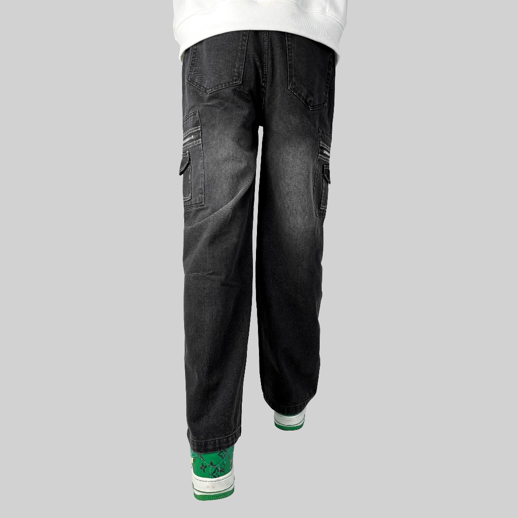 Quần jean unisex túi hộp 2 bên ống suông rộng CB02, Màu Silver Wash Denim khóa kéo - Cạp Bán Chun 2 bên Catima