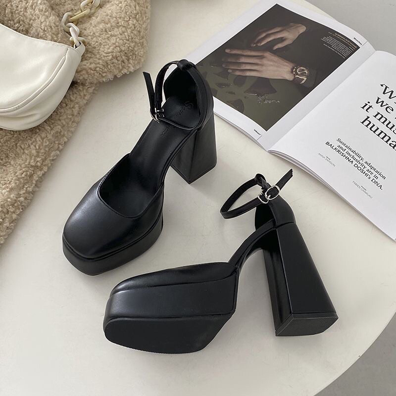 Giày sandal đúp 13p bít mũi da lì gót thô 3màu